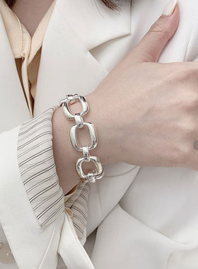 韩国东大门重工s925纯银粗款链条几何手链女个性时尚百搭夸张银饰