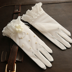 新娘结婚婚纱礼服手套 珍珠蕾丝花边半透明薄纱短款手套