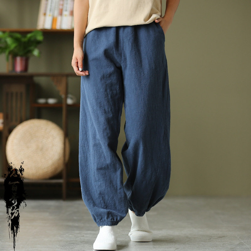 春夏棉麻女裤大码缩口裤禅意茶服砂洗灯笼裤长裤高端垂感休闲裤
