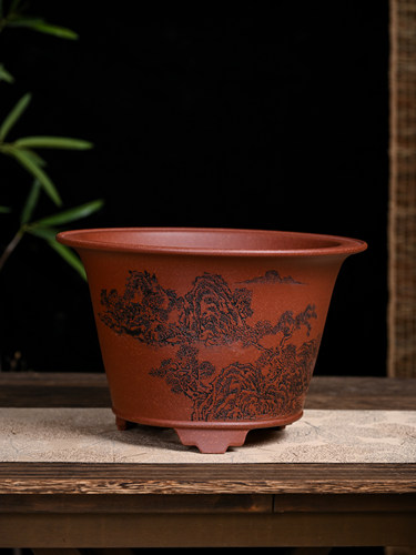 满意紫砂全手工制作精品原矿紫红泥花盆精刻高18口28卖掉了可定做