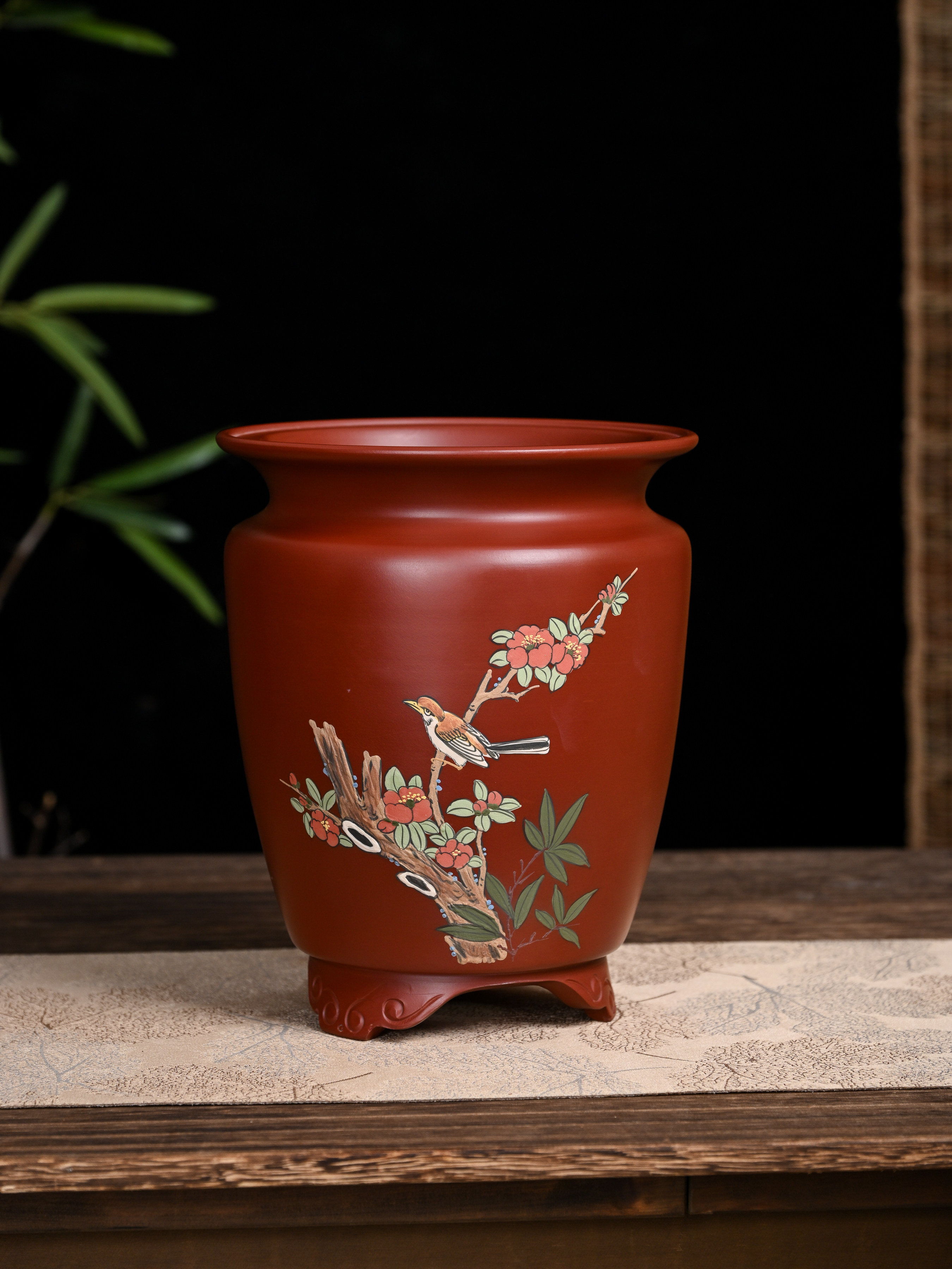 满意紫砂全手工制作精品朱泥大红花盆