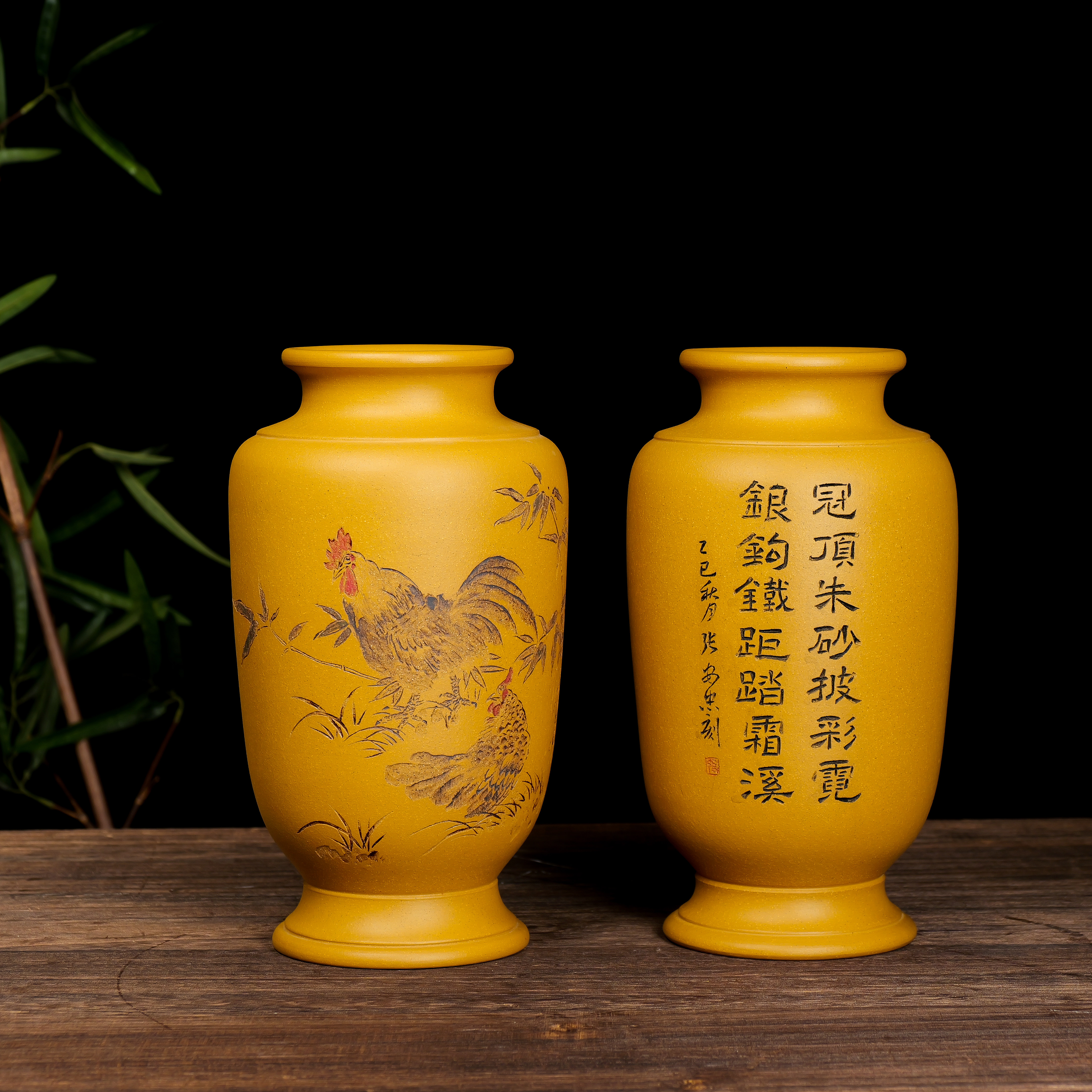 满意紫砂全手工制作精品黄金段泥刻绘花瓶24&times;9现货一对