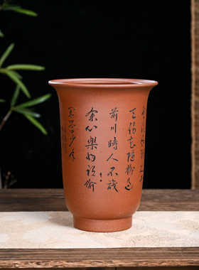 满意紫砂全手工制作精品降坡泥高金钟花盆精刻高26口19卖掉可定制