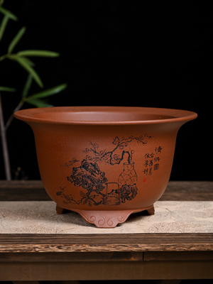 满意紫砂全手工制作精品紫红泥花盆刻字大口径现货一个高18口30