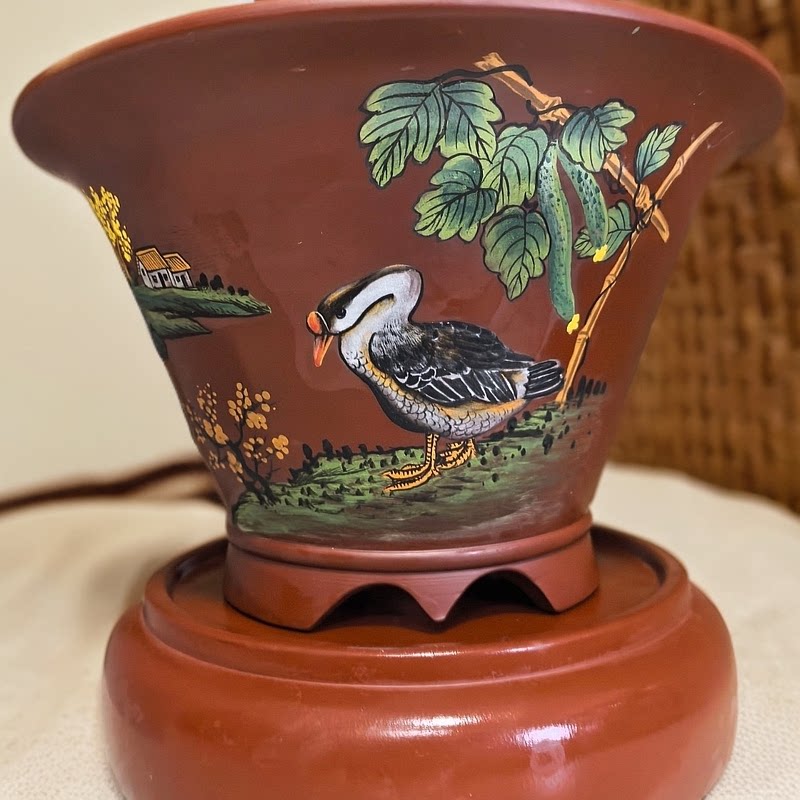 创意杂件全手工紫砂朱泥大红袍花盆泥绘带底座20*24卖光了可定做