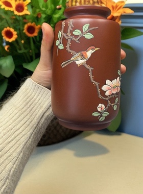 满意紫砂全手工制作精品朱泥大红袍泥绘小插花瓶