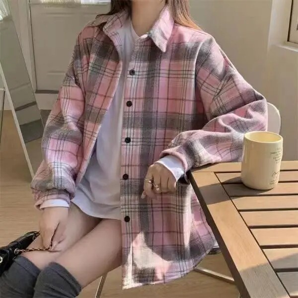 复古加厚磨毛格子宽松衬衫女