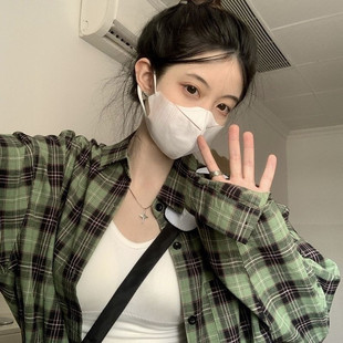 韩版复古宽松格子衬衫女长袖薄款中长款显瘦港味轻奢风休闲上衣女