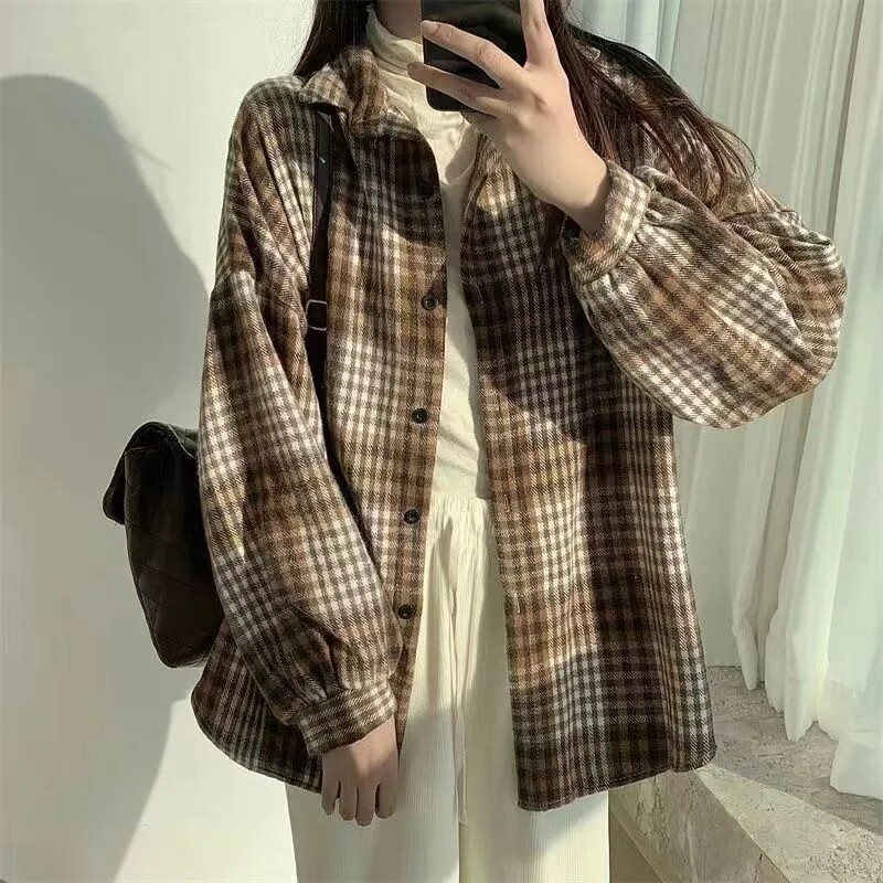 韩系复古格子磨毛加厚长袖衬衫女