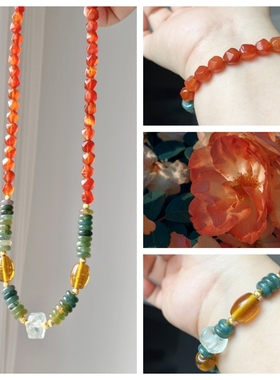 气质款撞色项链玛瑙古董琉璃