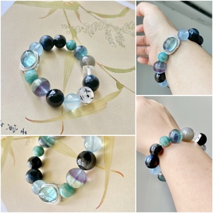 《静夜思》补水木天然水晶手串海蓝宝天河石原创设计女 念何