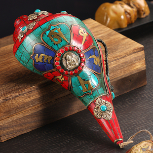 尼泊尔彩绘镶宝石海螺供具佛家左旋生物右旋镀银六字八宝海螺摆件