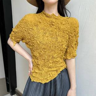 跨境三宅乱褶设计感短袖 气质圆领百搭T恤 上衣女夏修身 高级感时尚