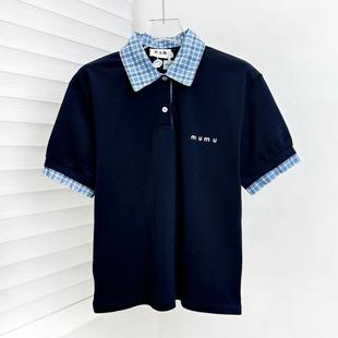 polo衫 Miu家2025早春学院风显瘦系格纹拼接翻领假两件短袖