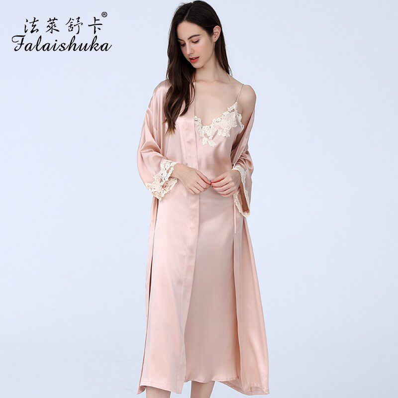 法莱舒卡100%重磅桑蚕丝长款睡袍睡裙套装女性感真丝睡衣家居服夏