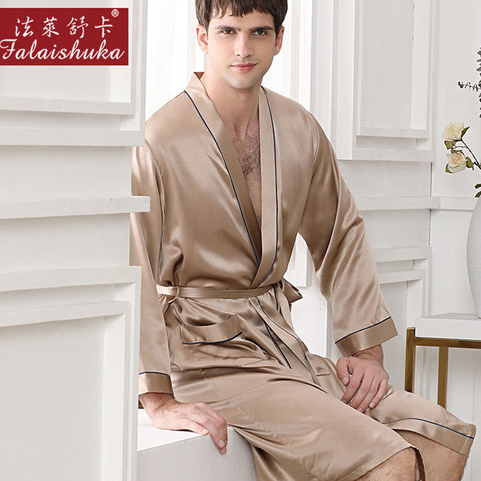 杭州法莱舒卡19姆米重磅真丝睡衣男士长袖桑蚕丝绸睡袍晨袍家居服