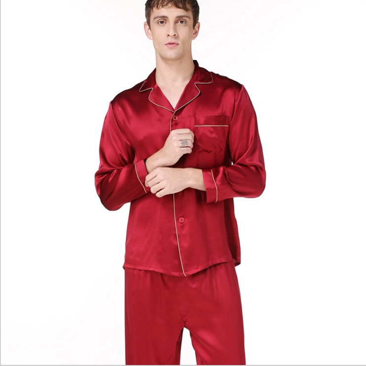 男士桑蚕丝长袖长裤睡衣两件套