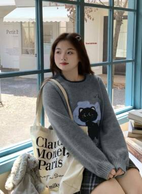 条大尺码女装卡通巾绣小毛猫圆辣领胖mm套头宽松秋OUH毛衣女20冬2