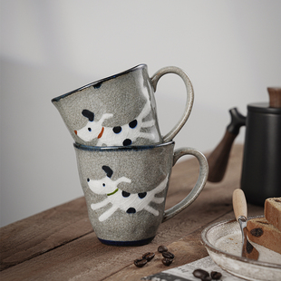 波佐见烧翔芳窑手绘小狗日式茶杯马克杯咖啡早餐杯复古冰裂纹饭碗