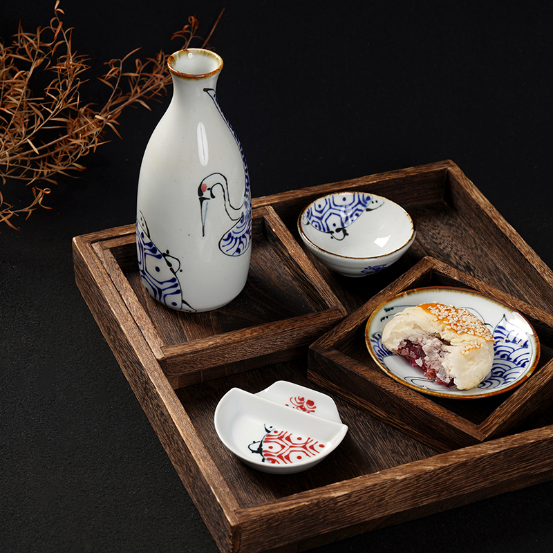 日本翔芳窑龟鹤釉下彩酒具点心盘