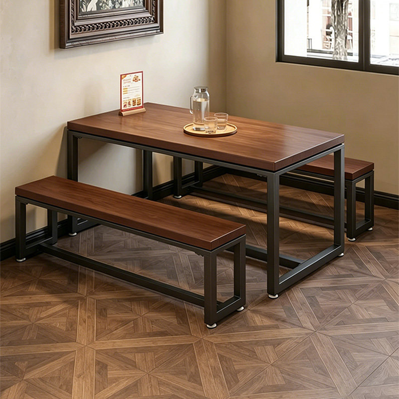 铁艺实木长方形餐桌饭店餐饮桌奶茶小吃面馆店商场商用餐桌椅组合