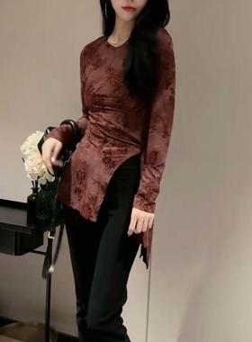 新中式春秋款不规则上衣女法式复古印花系带收腰显瘦长袖气质小衫