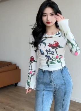 港风时尚一字肩碎花气质修身显瘦短款上衣女春秋款辣妹长袖上衣潮