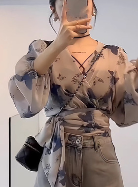 外贸折扣女装清仓特价复古蝴蝶晕染薄款气质V领交叉绑带长袖上衣