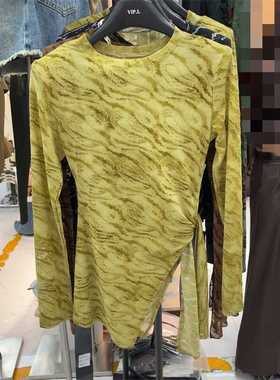 外贸折扣女装清仓特价辣妹风性感百搭设计感小众开叉圆领长袖T恤