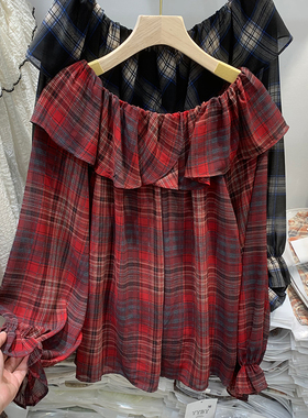 外贸品牌捡漏折扣剪镖减龄别致荷叶边一字领格子薄款防晒长袖衬衫