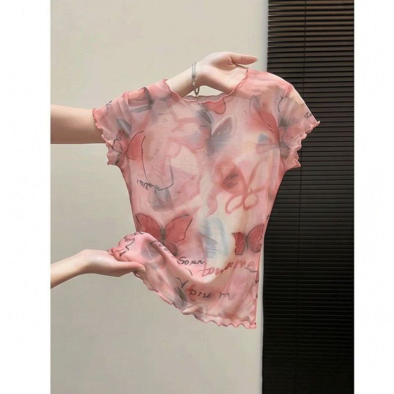品牌折扣女装剪标专柜撤柜弹力网纱晕染印花修身显瘦减龄短袖T恤