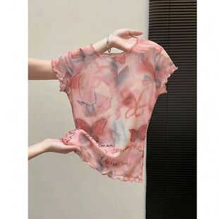 品牌折扣女装剪标专柜撤柜弹力网纱晕染印花修身显瘦减龄短袖T恤