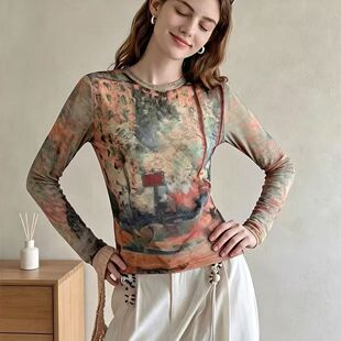 捡漏特价剪镖外贸折扣女装复古扎染印花轻薄网纱打底长袖衬衫