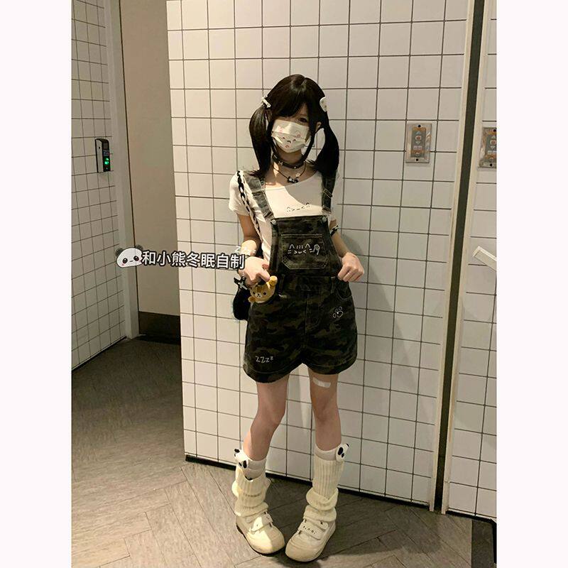 美式辣妹复古迷彩烫钻牛仔背带裤牛仔裤