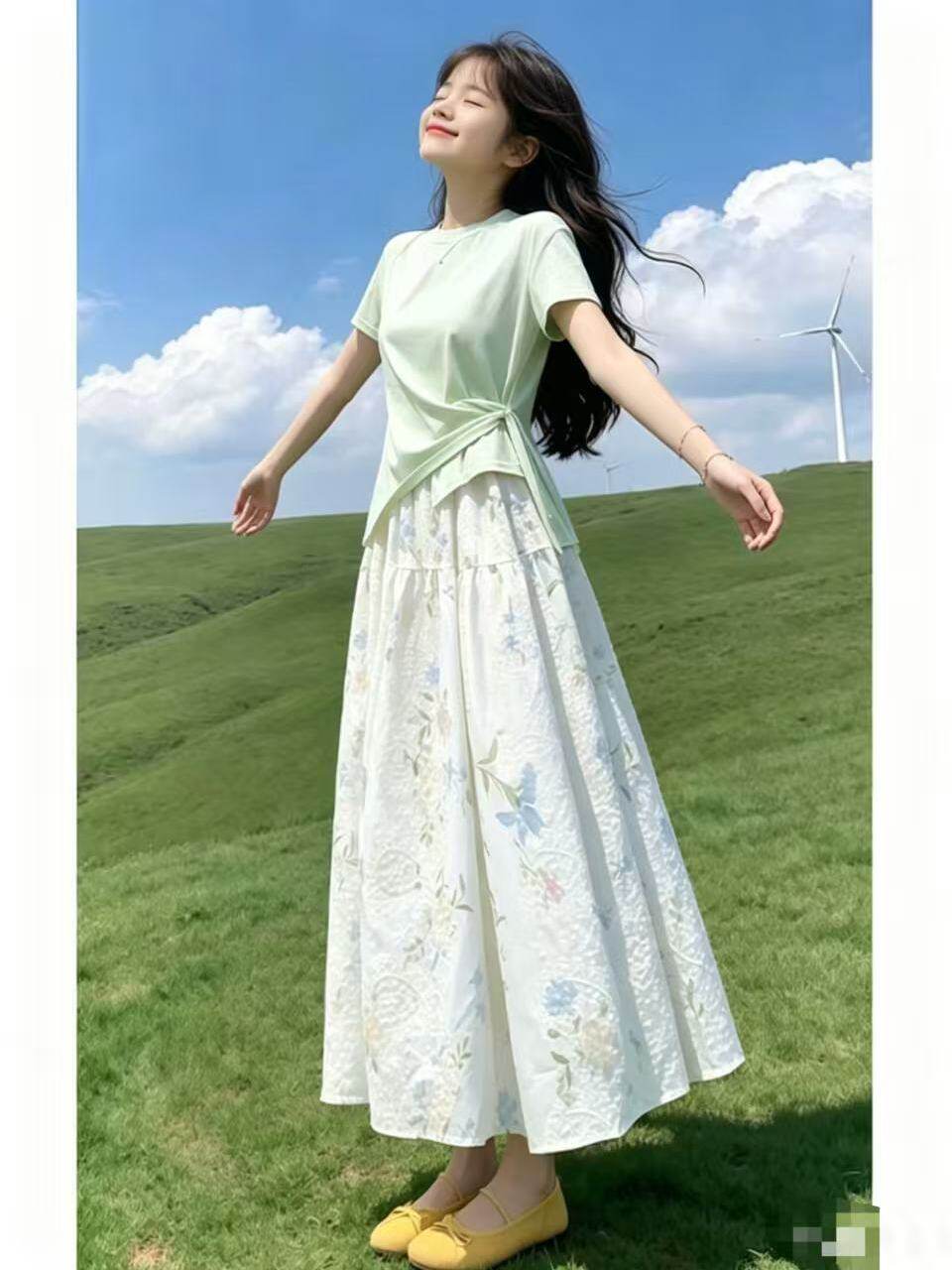 女童夏季法式碎花裙潮短袖两件套