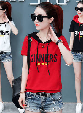 连帽短袖t恤女纯棉2025新款夏季韩版宽松体超火cec潮红色大码上衣