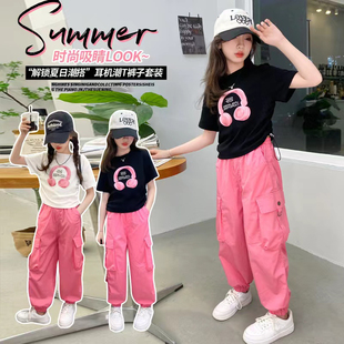 两件套装 休闲 夏季 T恤上衣工装 长裤 170女童纯棉短袖 韩版 120