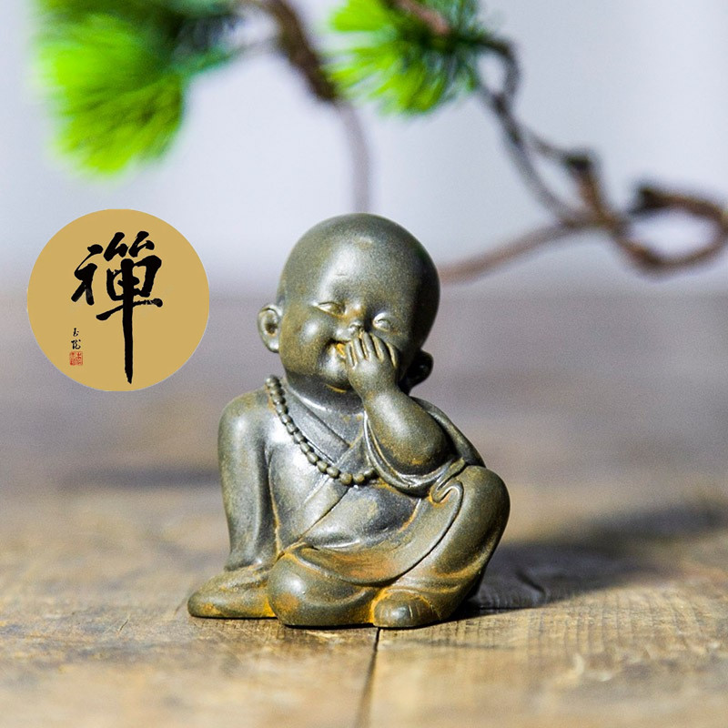 中式禅意小和尚阿弥陀佛可爱小沙弥桌面人偶摆件可养茶宠家居摆设