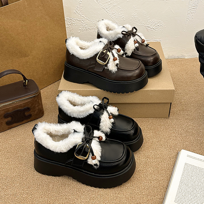 棕色加绒小皮鞋女2025秋冬新款复古英伦风日系圆头玛丽珍乐福棉鞋