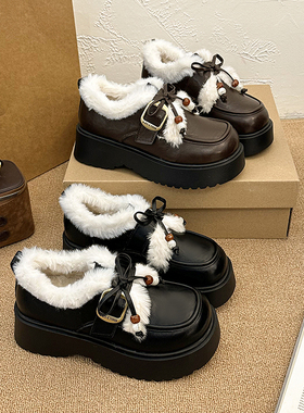 棕色加绒小皮鞋女2025秋冬新款复古英伦风日系圆头玛丽珍乐福棉鞋