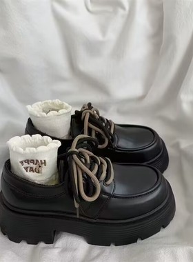黑色小个子厚底增高系带小皮鞋女2025年秋冬季新款百搭复古英伦风
