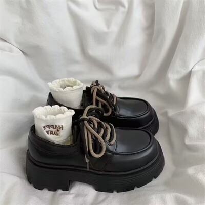 黑色小个子厚底增高系带小皮鞋女2025年秋冬季新款百搭复古英伦风