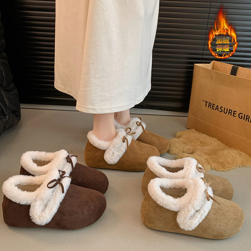 冬季厚底休闲勃肯鞋加绒蝴蝶结女款2025新款百搭软底外穿棉鞋保暖