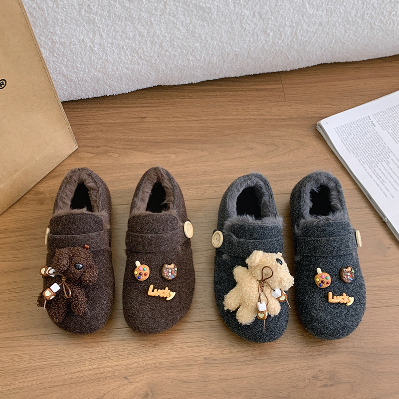 韩国可爱卡通加绒勃肯鞋女款2025年冬季新款内增高一脚蹬乐福棉鞋