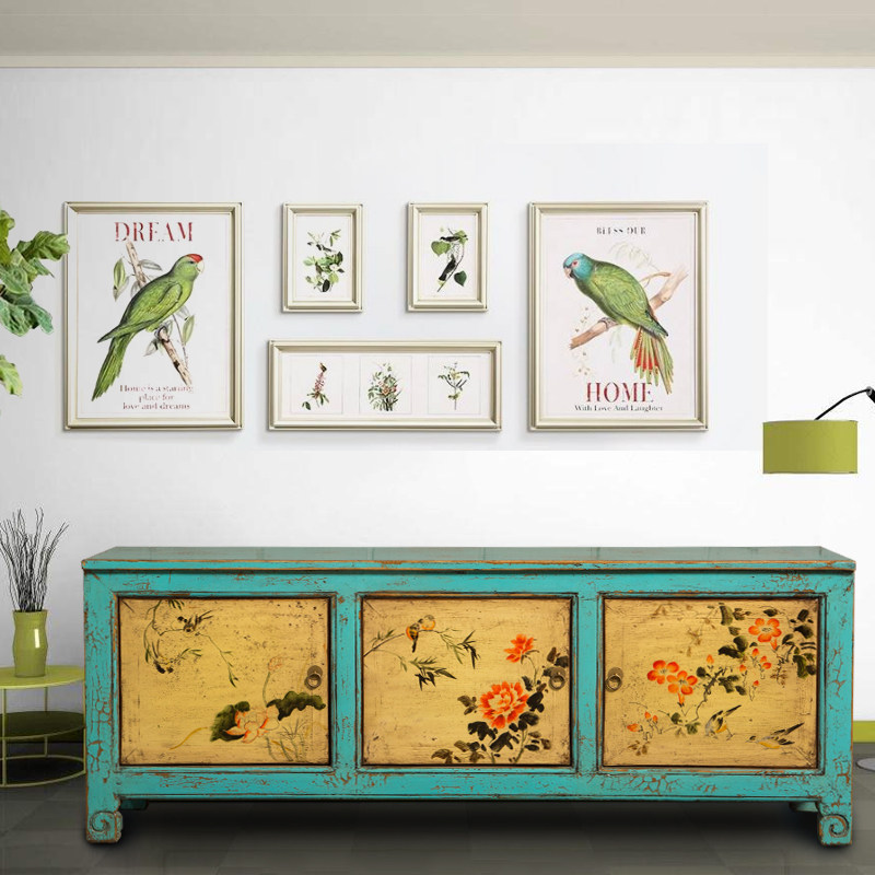 新中式实木电视柜手绘古典视听柜复古做旧客厅小户型储物边柜整装