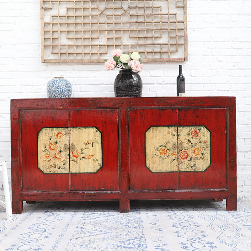 新中式实木家具复古做旧餐边柜四门手绘碗柜客厅储物柜古典花鸟柜