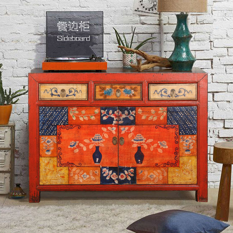 中式实木家具门厅柜复古玄关柜手绘三屉二门做旧鞋柜彩漆隔断柜