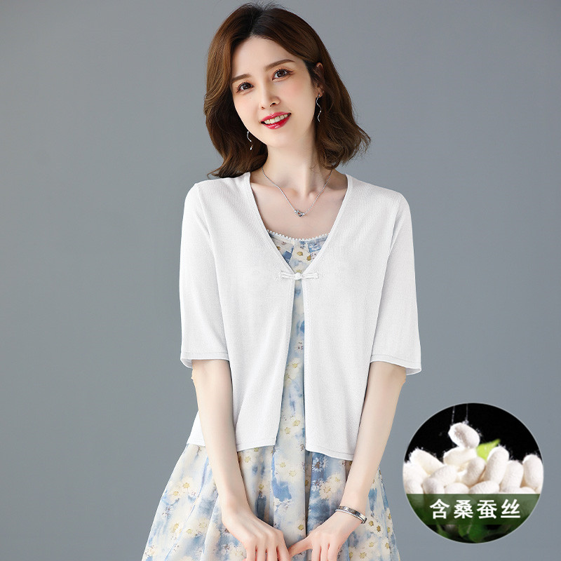 V领天丝针织开衫女短款薄款