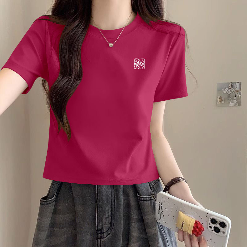 韩系玫红短款纯棉减龄T恤女夏