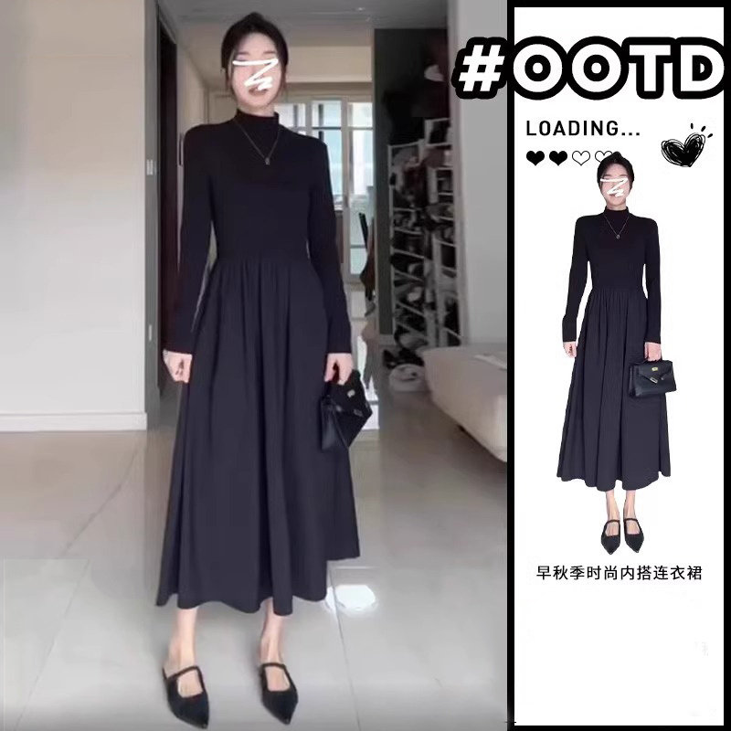 黑色针织半高领连衣裙女